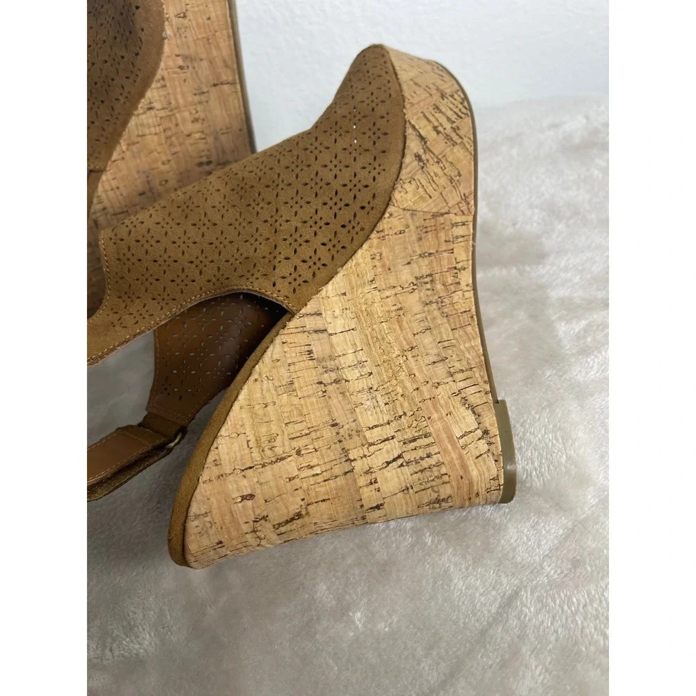 A.N.A. Malik Women Brown Laser Cut Wedge Sandals Cork Heel Slingback Size 10M